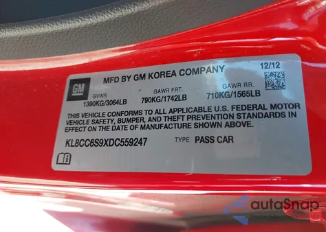 2013 Chevrolet Spark 1Lt Manual from USA, damaged, VIN KL8CC6S9XDC559247